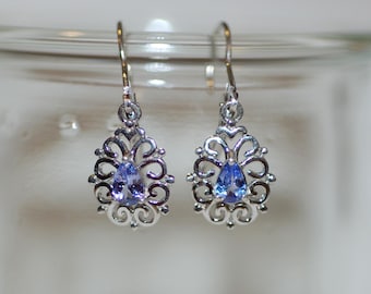 Tear Drop Filigree Tanzanite Drop Earrings