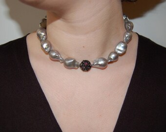 Baroque Pearls Tourmaline and Diamonds Confetti Collier Silver Necklace