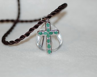 Emerald Sterling Silver Cross Pendant, Satin Cord