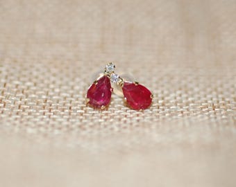 Ruby Teardrop Stud Gold Earrings