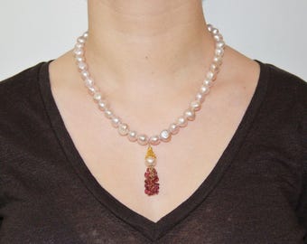 Pink Pearls and Tourmaline Beads Tassel Necklace