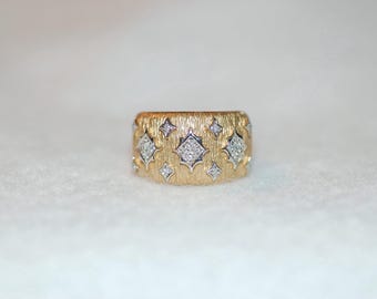 Textured Pave Diamond 14K Yellow Gold Band Ring