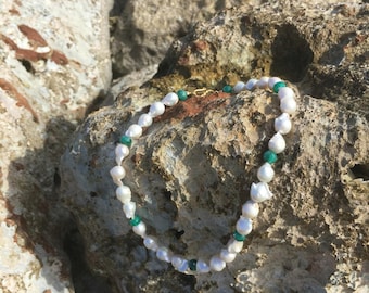 Baroque Freshwater Pearl and Emerald Bead Necklace