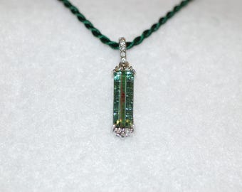 Green Tourmaline and Diamond Bar 14K White Gold Pendant Necklace
