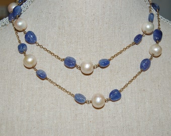 Tanzanite and Pearl Tin Cup Long Necklace