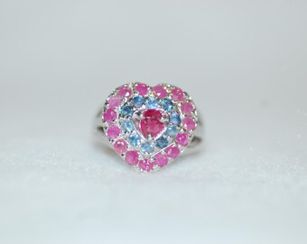 Ruby and Fancy Sapphire Heart Shaped Silver Cocktail Ring