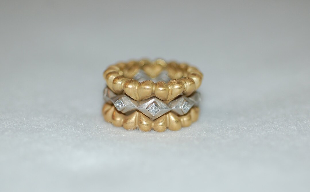 Diamond Heart Stack 3 in 1 18K Yellow and White Gold Ring - Etsy
