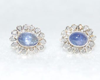 Cabochon Tanzanite and Rose Cut Diamond Flower Stud Earrings