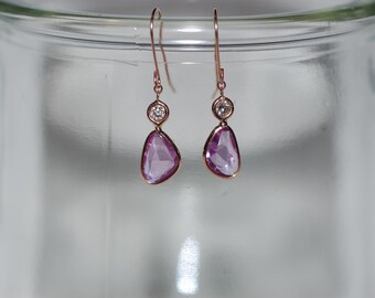 Pink Sapphire and Diamond Freeform 14K Rose Gold Dangel Earrings