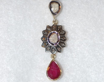 Ruby Drop and Diamond Sunburst Necklace