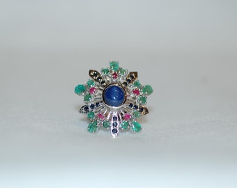 Multi Gemstone with Sapphire, Ruby and Emerald Galaxy Cocktail Silver Ring