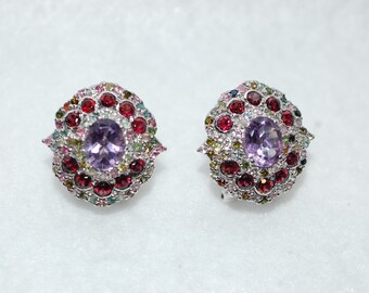 Amethyst and Colorful Faceted Gemstones Omega Back Silver Earrings