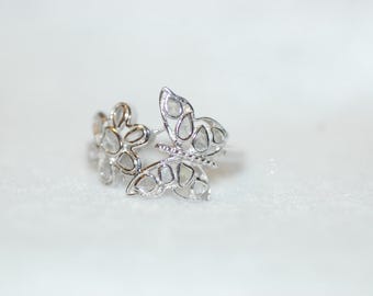Flower and Butterfly Stained Glass Diamond Silver Ring
