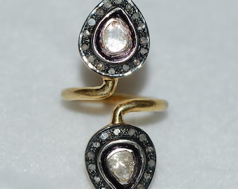 Double Tear Rose Cut Diamond Silver Ring