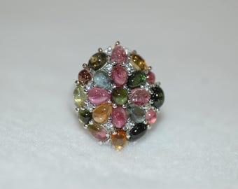 Multi Color Tourmaline Cabochon Caviar Sterling Silver Ring