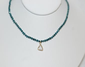 Natural Teal Diamond Beads and Rose Cut Lab Diamond Drop 10K Yellow Gold Necklace