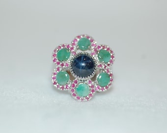 Star Sapphire, Emerald and Ruby Gemstone Cocktail Silver Ring