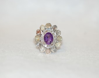 Amathyst and Rose Cut Diamonds Flower Ring