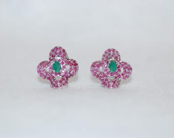 Ruby and Emerald Clover Omega Clip Silver Earrings