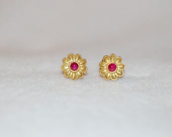 Ruby Flower Earrings 22K Yellow Gold