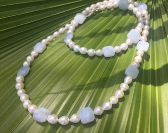 Cultured Pearl and Cushioned Chalcedony Bead Necklace