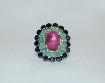 Pink Ruby Cabochon, Sapphire and Emerald Statement Multi Gemstone Cocktail Sterling Silver Ring