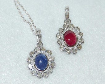 Rose Cut Diamond and Gemstone Cabochon Flower Sterling Silver Pendant