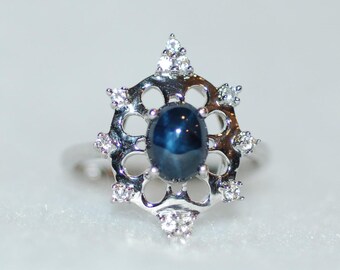 Blue Star Sapphire Starburst Silver Ring with White Topaz Accents