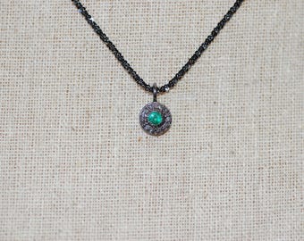 Emerald and Diamond Disk Sterling Silver Necklace