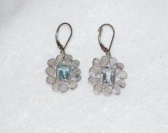 Princess Cut Blue Aquamarine and Diamond Dangle Earrings