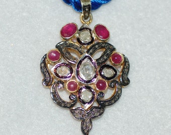 Ruby and Diamond Scroll Shield Pendant