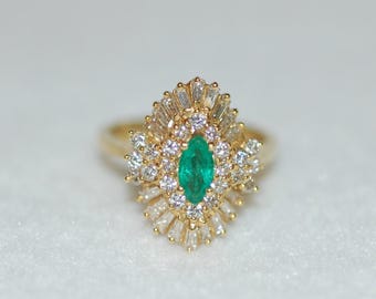 Emerald Marquis and Diamond 14K Yellow Gold Ring