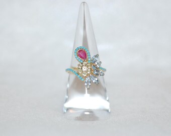 Vintage Style Gemstone Fan Cocktail Silver Ring