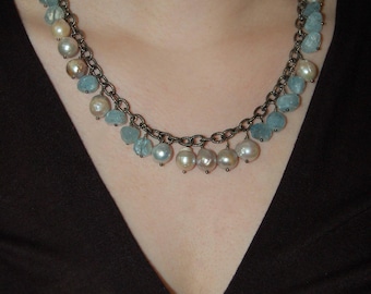 Baroque Pearl and Rough Aquamarine Bead Fringe Sterling Silver Necklace