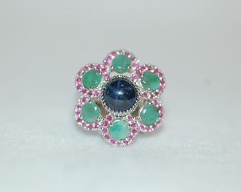 Star Sapphire, Emerald and Ruby Gemstone Cocktail Silver Ring