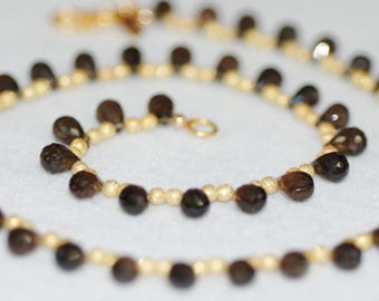 Smokey Topaz Briolette Necklace with Gold Plated Beads