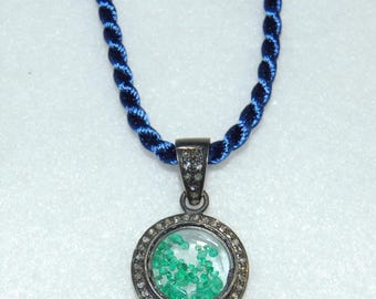 Floating Emerald and Diamond Silver Pendant Necklace