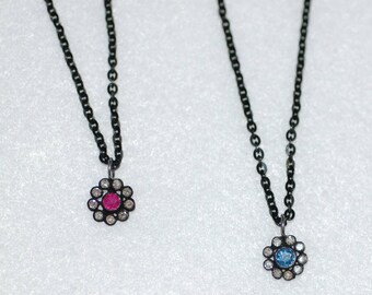 Sapphire Ruby Flower and Dainty Diamonds Oxidized Silver Pendant