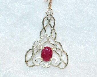 Ruby Celtic Knot Scroll 14K Gold Necklace