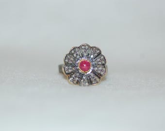 Ruby and Diamond Pave Antique Style Flower Ring
