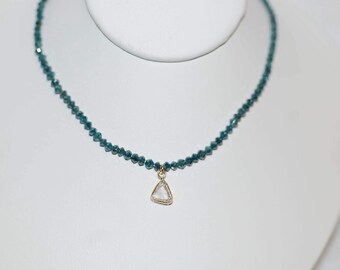 Teal FancyDiamond Beads and Rose Cut Lab Diamond Drop 10K Yellow Gold Necklace