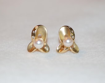 Pearl and Diamond Accent Flower 14K Yellow Gold Earrings