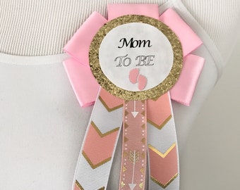 Baby Shower Pins, Mom To Be Pin, Corsage for Baby Shower, Boho Shower Theme, Pink and Gold Baby Shower Pin, Pink Arrow Baby Shower