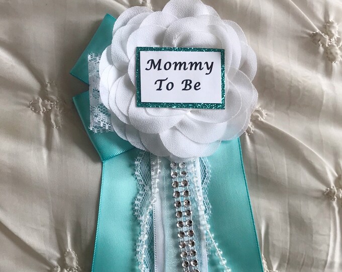 Mommy to Be Pin, Baby Shower Pin, Aqua Baby Shower Pin,blue Flower Pin ...
