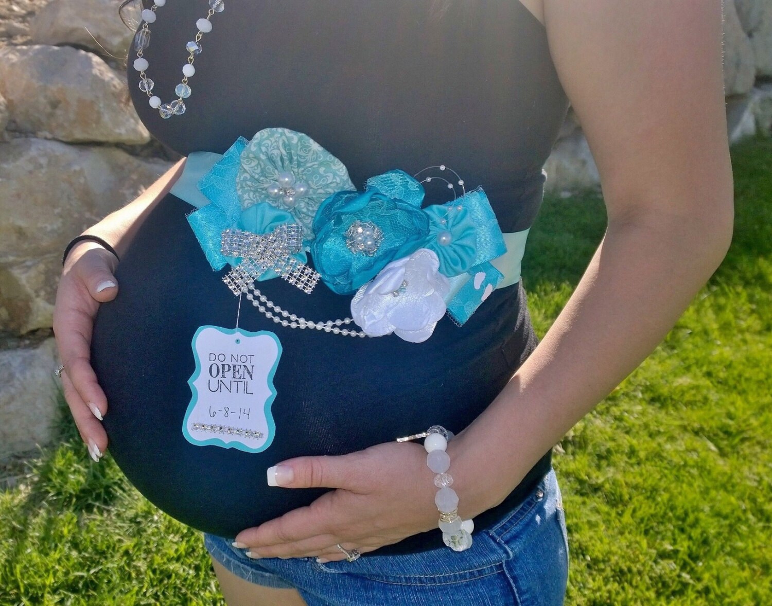 Baby Shower Blue Maternity Sash Belt Pregnancy Flower Belly Sash Boy Flower Sash Belt for Maternity Dress 