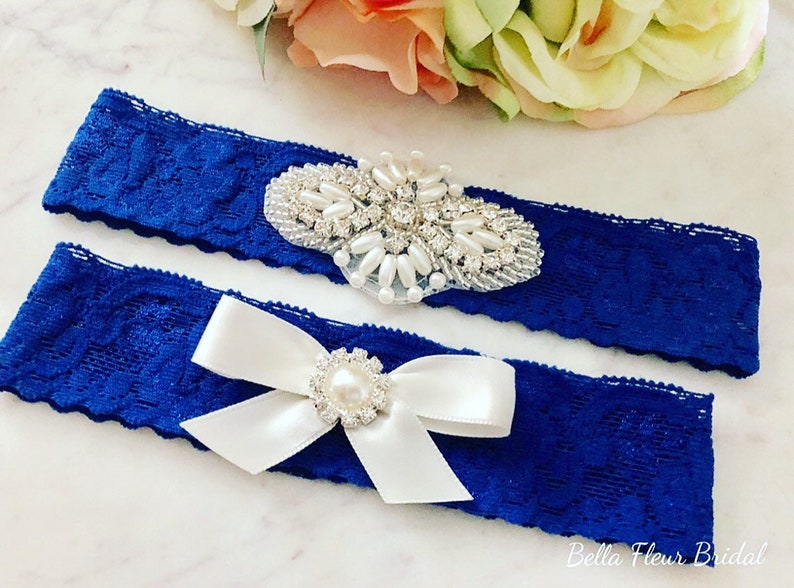 Prom Garter Something Blue Blue Lace Garter Rhinestone Garter Bridal Garter Belt Toss Garter Royal Blue Wedding Garter