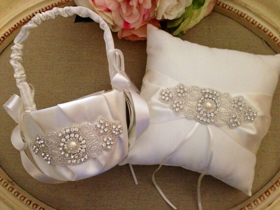 Flower Girl Basket Ring Bearer Pillow Set Rhinestone Flower Etsy