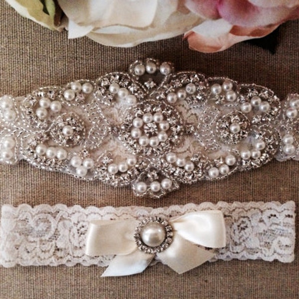 Wedding Garter - Bridal Garter - Pearl and Crystal Rhinestone Garter and Toss Garter Set