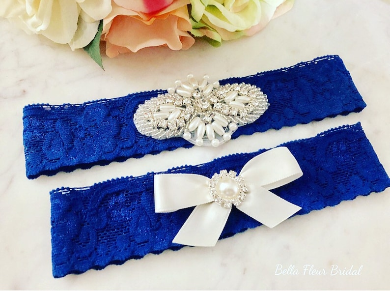 Prom Garter Something Blue Blue Lace Garter Rhinestone Garter Bridal Garter Belt Toss Garter Royal Blue Wedding Garter
