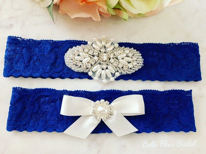 Prom Garter Something Blue Blue Lace Garter Rhinestone Garter Bridal Garter Belt Toss Garter Royal Blue Wedding Garter
